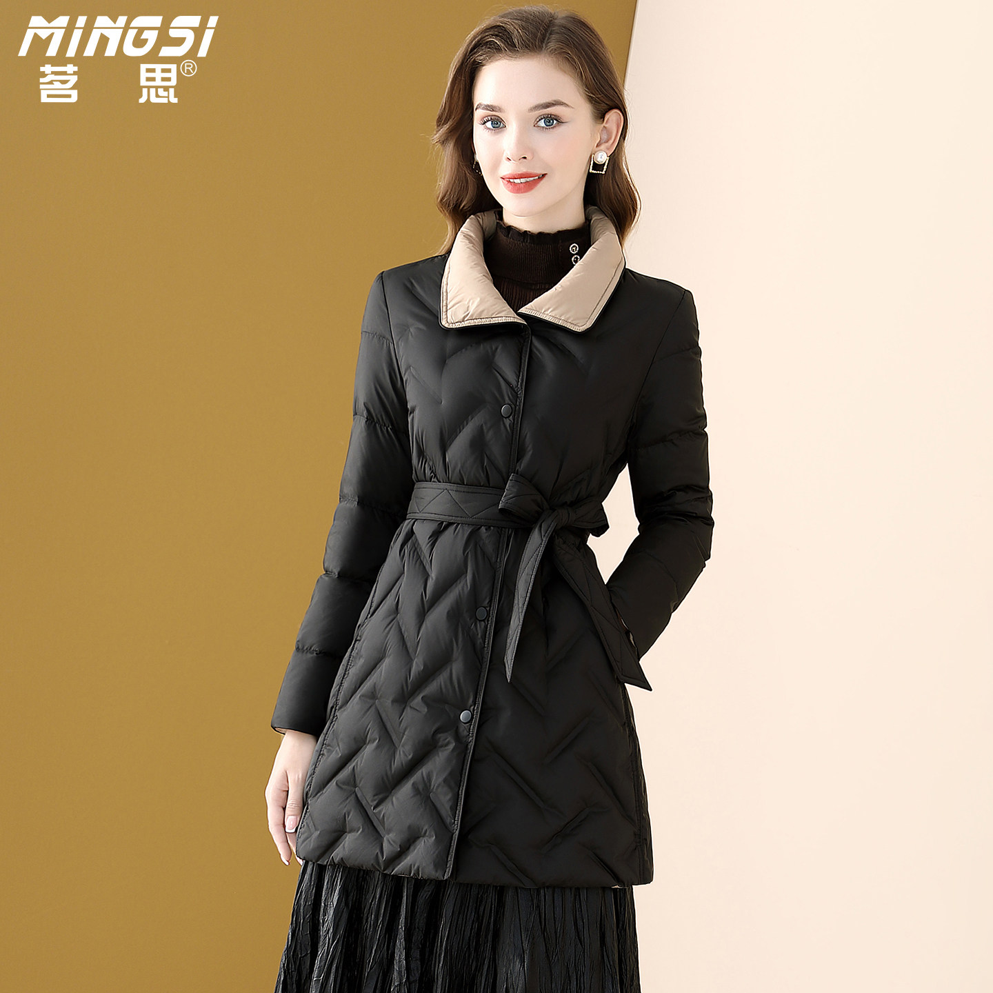 茗思时尚撞色翻领90鸭绒羽绒服女2025冬季新款中长款显瘦保暖外套