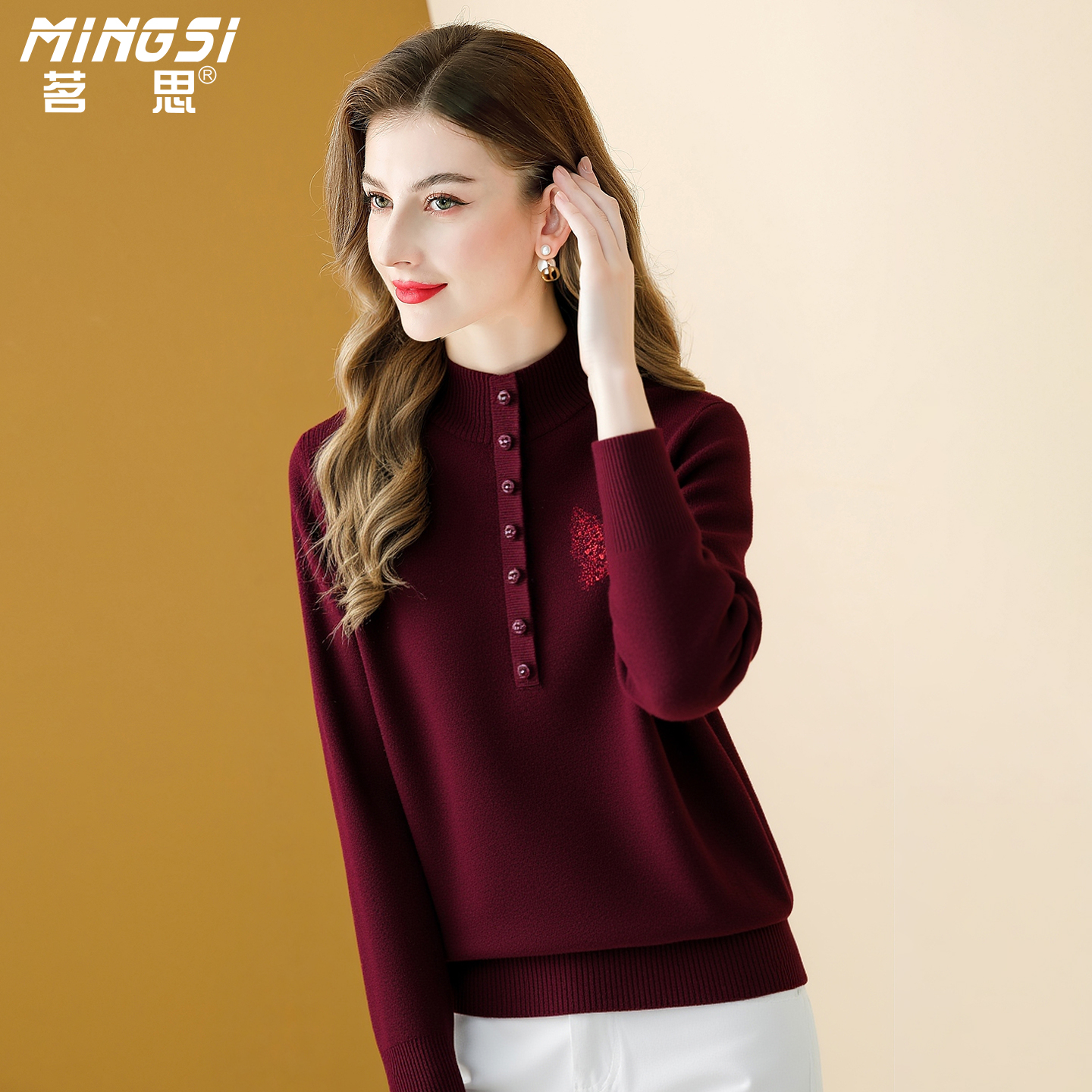 100%纯羊毛半高领长袖针织衫女