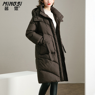 百搭过膝90鸭绒保暖外套 2024新款 茗思中长款 连帽加厚羽绒服女冬季