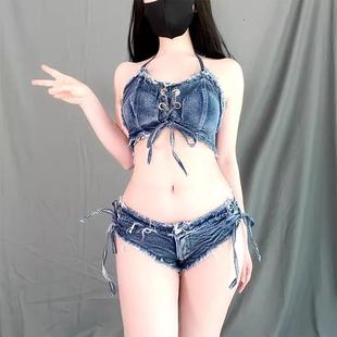 露出任务心机女辣妹牛仔裤超短裤热裤套装女绑带性感抹胸上衣短裤