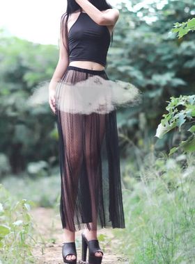 qqny露出任务大胆度假仙气蕾丝性感网纱半身裙透视无内衬一步罩裙