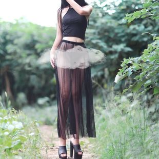 qqny露出任务大胆度假仙气蕾丝性感网纱半身裙透视无内衬一步罩裙