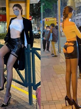 新露出任务包臀裙性感辣妹皮裙PU短裙高腰绑带半身裙漆皮裙OL漏出