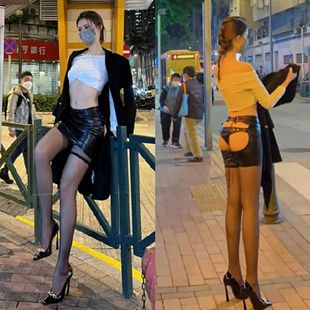 新露出任务包臀裙性感辣妹皮裙PU短裙高腰绑带半身裙漆皮裙OL漏出