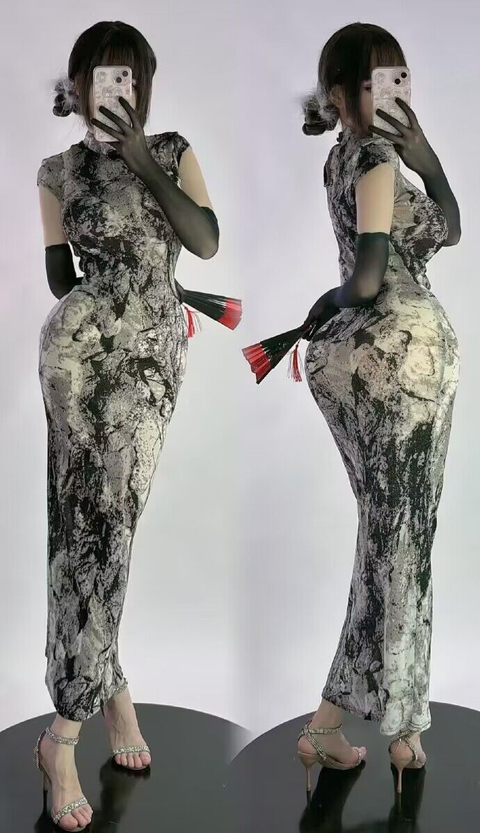 性感水墨印花心机拉伸透视连衣裙