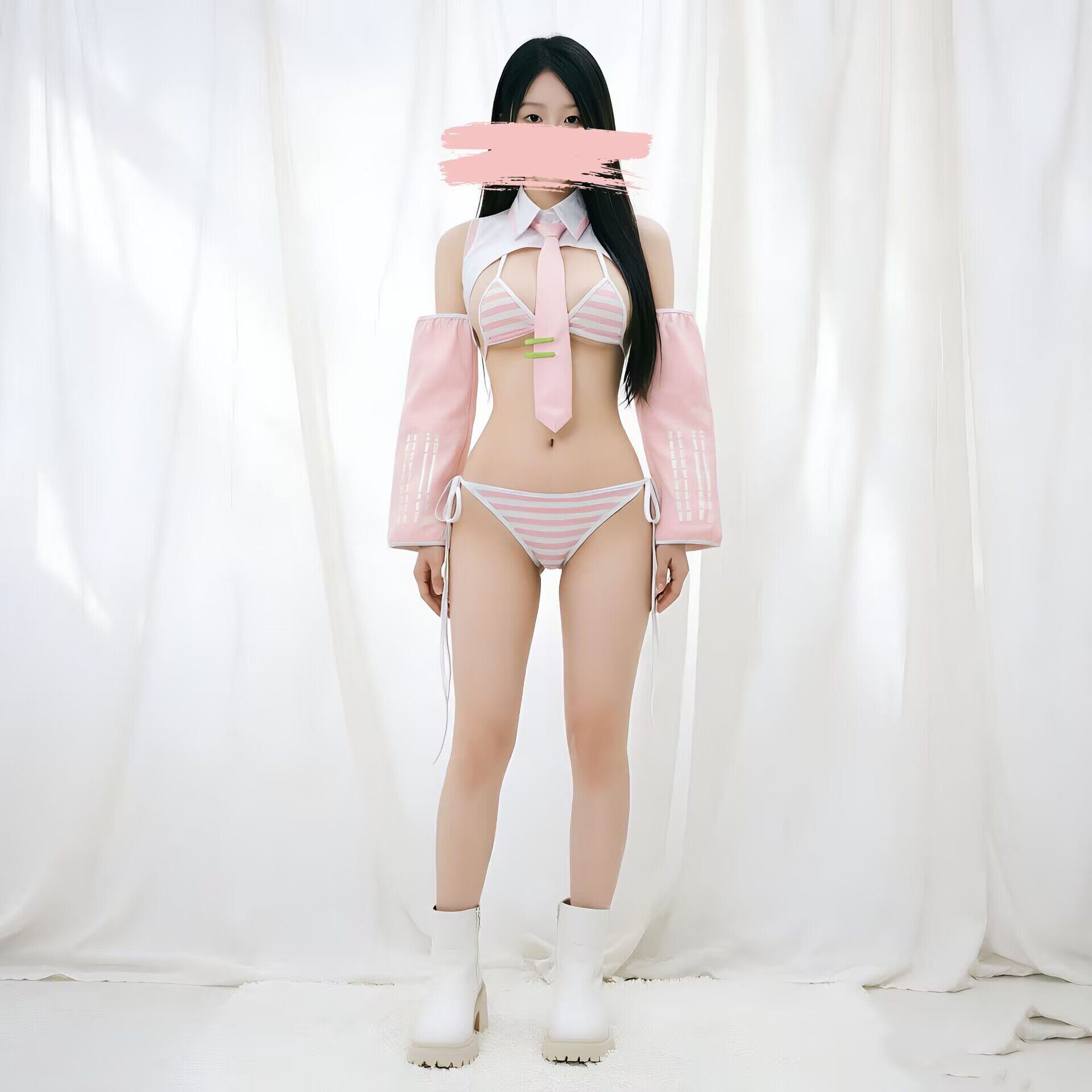 出片好看二次元初音未来公式服条纹比基尼内衣qqny可爱私房趣味日