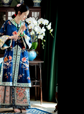 蓝釉华彩丨一城风絮丨真丝香云纱复原满绣花清汉女对襟长袍褂