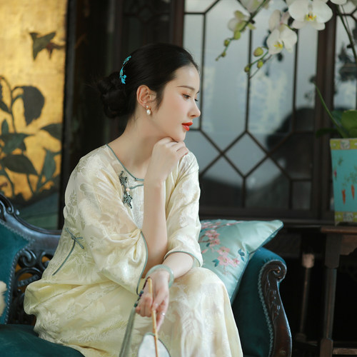 溪语庭花丨一城风絮丨春夏真丝剪花绡无领倒大袖复古民国风旗袍女