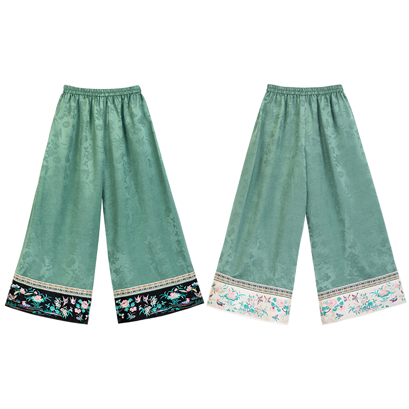 清荷小景丨一城风絮丨绿色提花缎脚口绣花阔腿裤复古百搭女裤