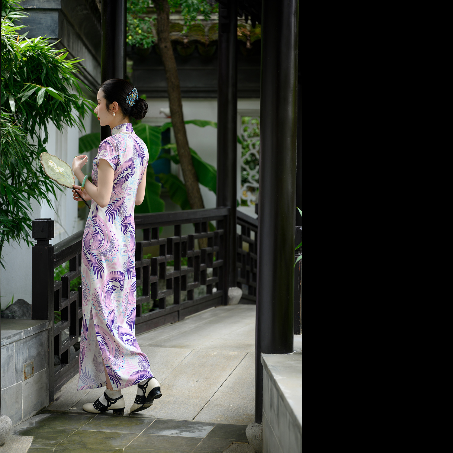 旋梦舞曲丨一城风絮丨紫色凤尾印花提花雪纺小盖袖民国风旗袍