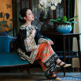 一城风絮 宽松国风阔腿裤 夏季 衬裤 橘色绣花清汉女中式 棠霞晚意