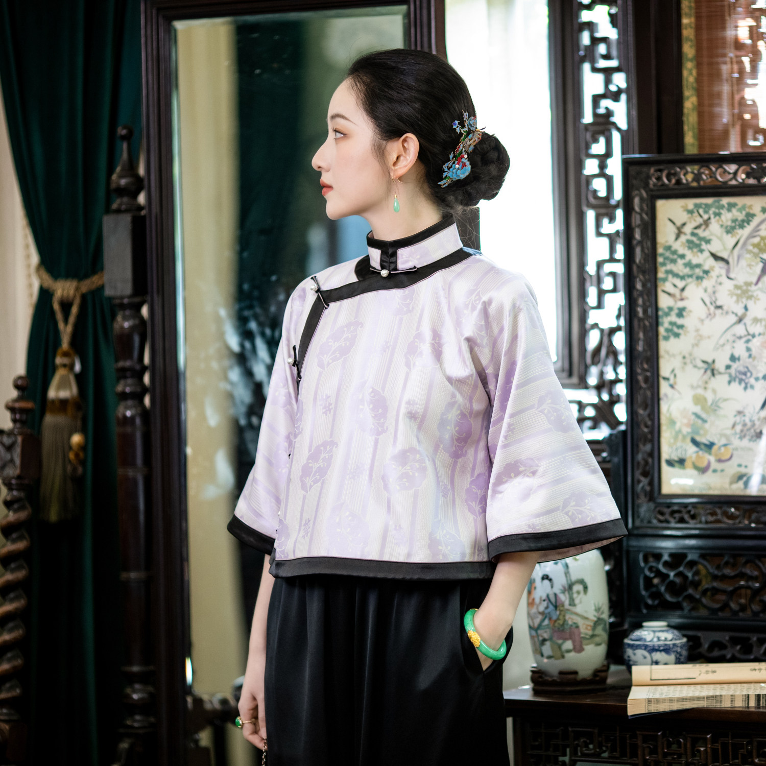 浮光秋语丨一城风絮丨春秋复古提花缎大袖镶边民国风立领盘扣上衣,女装/女士精品,汉服上装,淘宝优惠券,粉丝福利购,淘宝优惠卷
