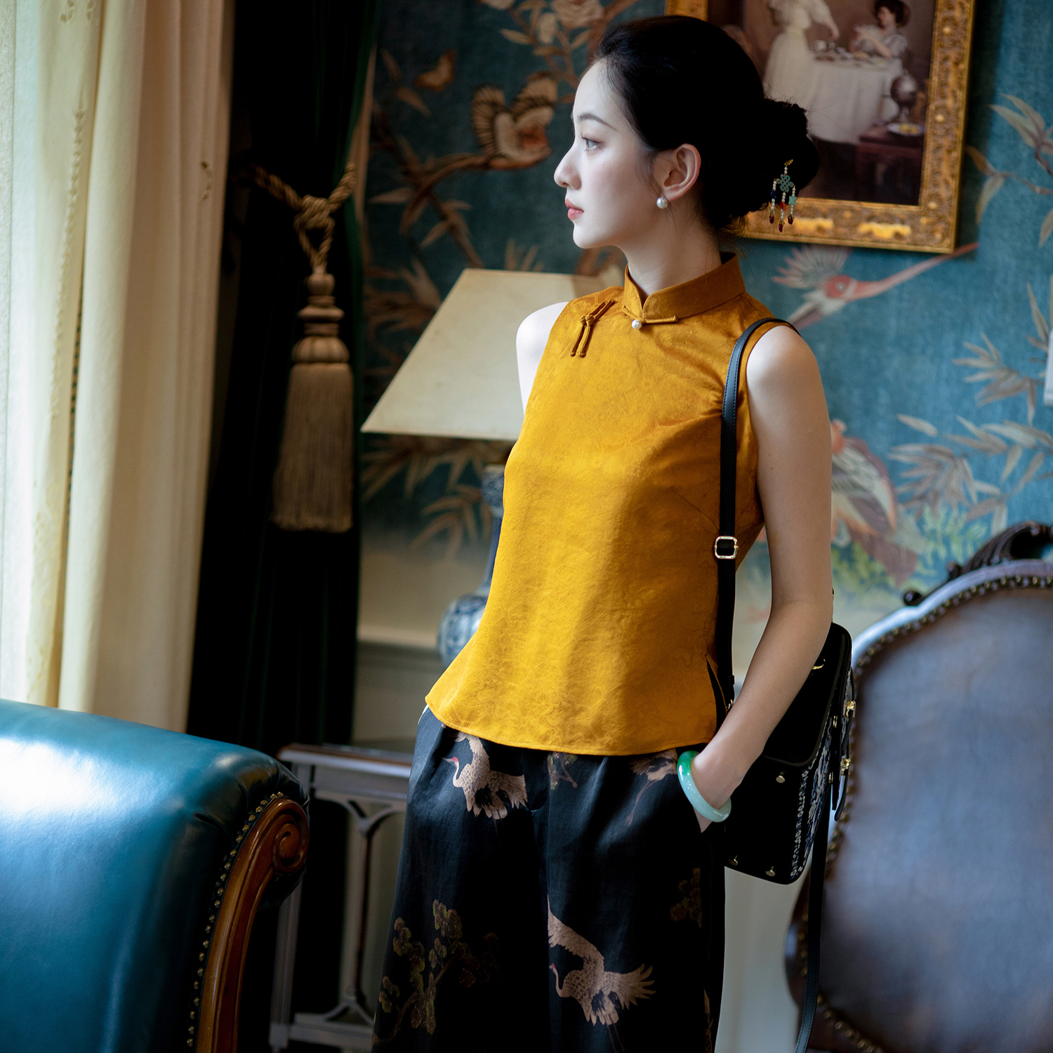 桃意隐丨一城风絮丨真丝立领上衣