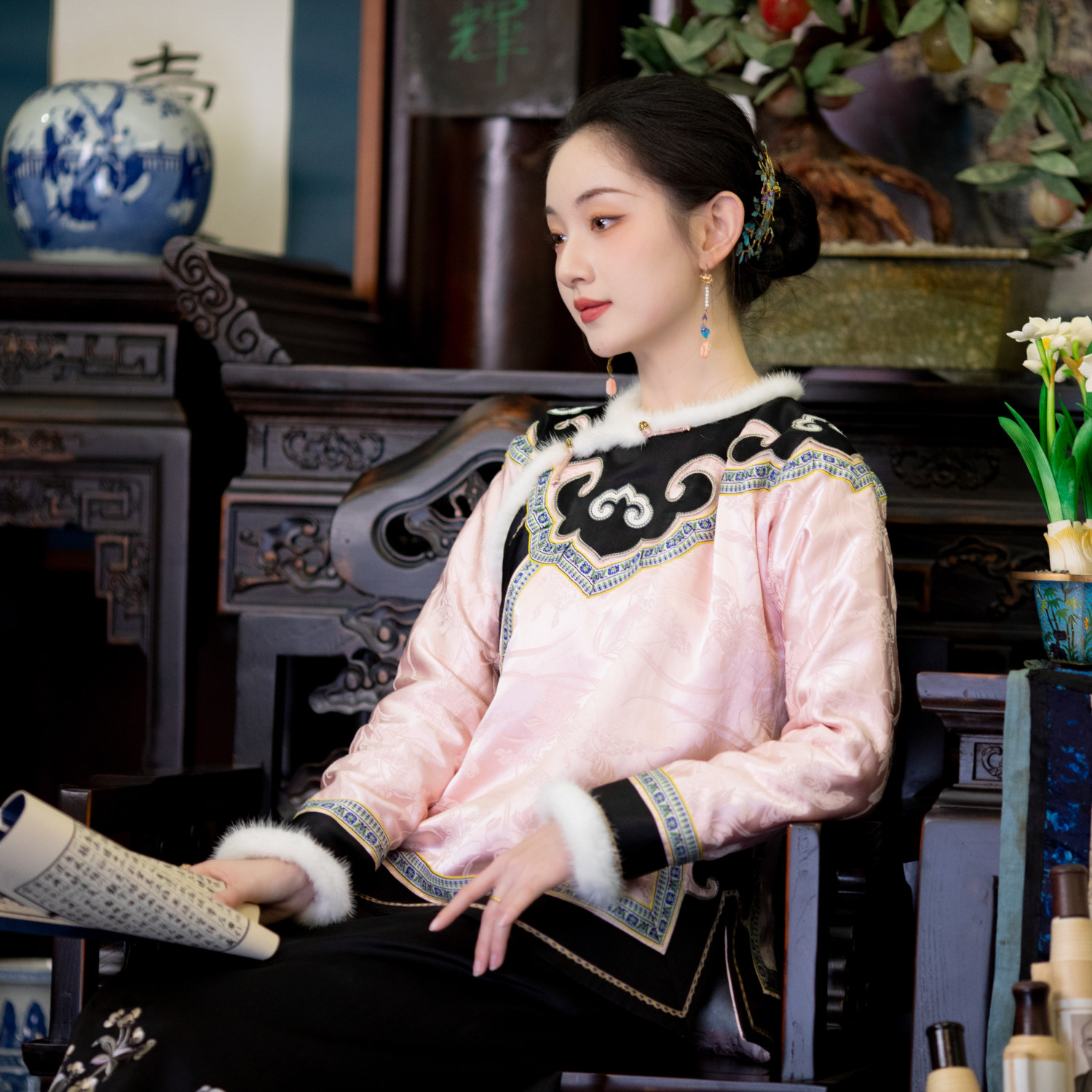 馥粉黛玉丨一城风絮丨提花缎如意绣花貂毛秋冬保暖国风上衣厚棉袄,女装/女士精品,汉服上装,淘宝优惠券,粉丝福利购,淘宝优惠卷