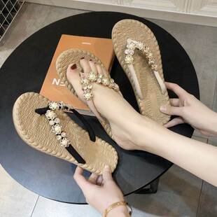 人字拖鞋女秋外穿西双版纳草编织三亚麻平底海边沙滩夹脚趾凉拖鞋