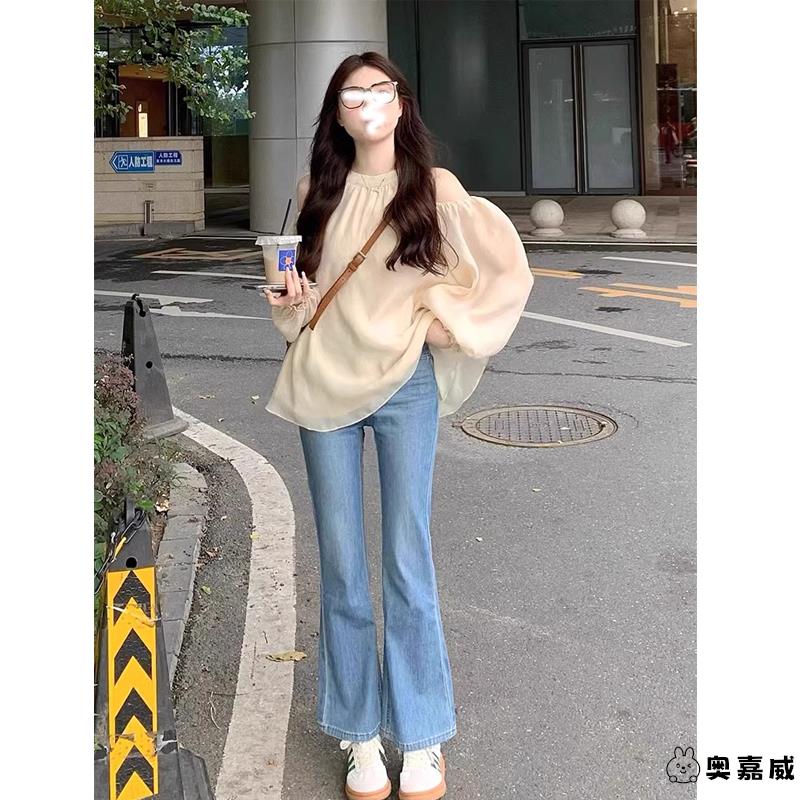 法式甜美减龄泡泡袖挂脖露肩衬衫女春秋季韩版宽松显瘦打底衫上衣