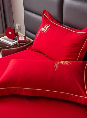 红色结婚婚庆全棉纯棉枕套一对大人大红色喜庆枕头套龙凤48x74cm