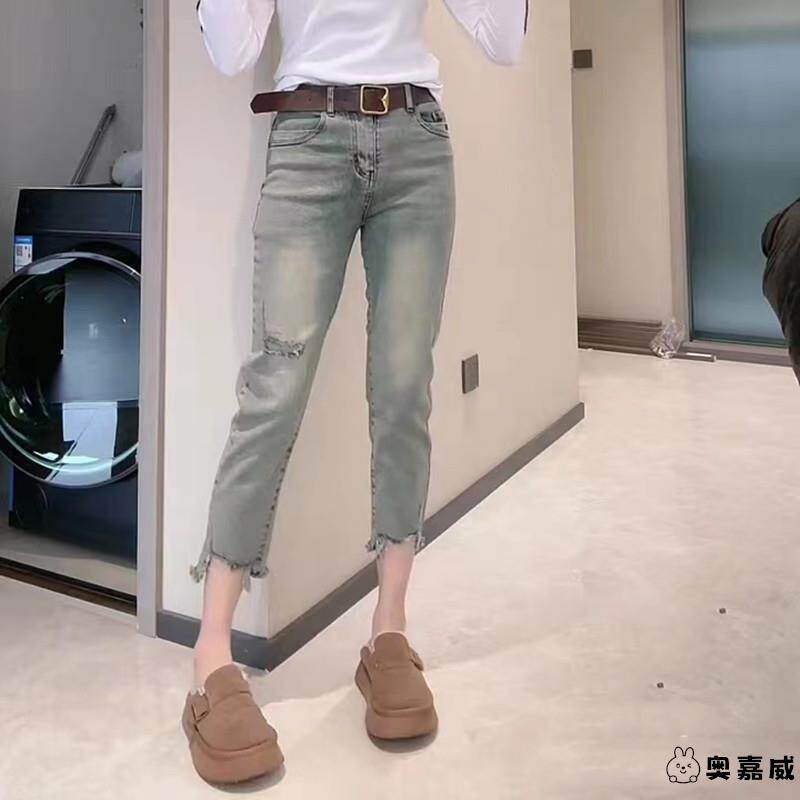 2025年春季新款大码高腰直筒破洞牛仔裤女胖妹妹mm显瘦九分烟管裤