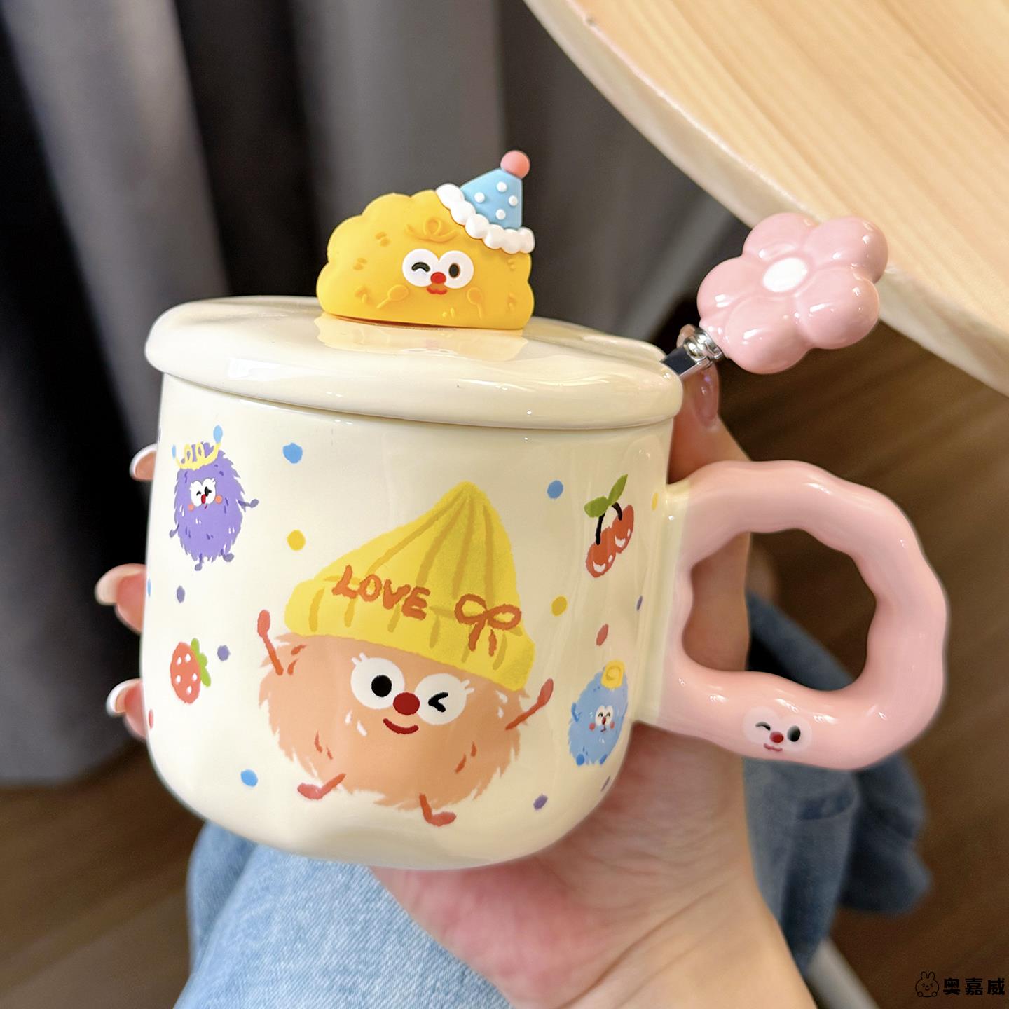 高颜值陶瓷马克杯杯子带盖带勺子水杯女可爱家用办公室咖啡早餐杯