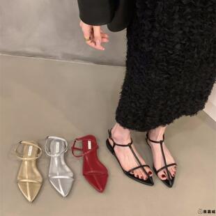 平底法式细带黑色凉鞋仙女鞋子2025新款秋季海边沙滩配裙子罗马鞋