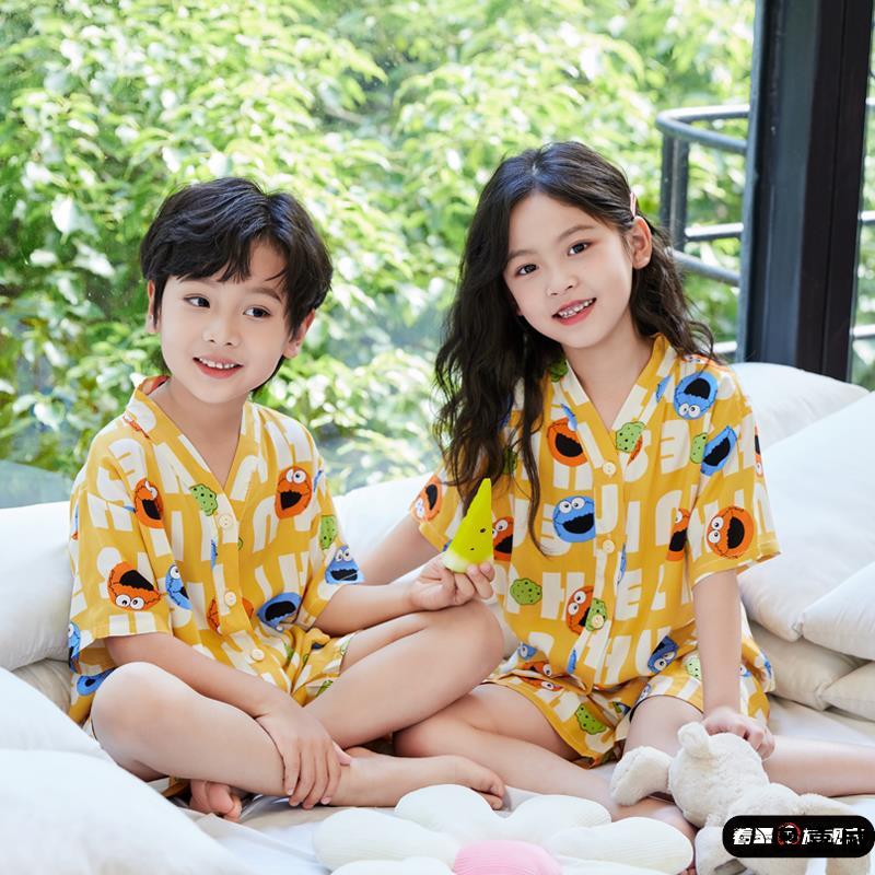 儿童睡衣夏薄款夏季2025棉绸短袖短裤男孩女孩可家居可外穿套装短
