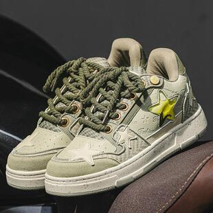 男士运动休闲板鞋小众西湖龙井星星鞋红酒积木潮流酒红色面包鞋