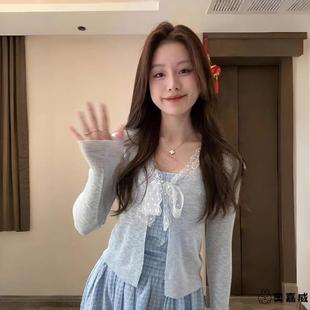 甜美蕾丝边拼接天丝防晒开衫女秋季配吊带裙薄款披肩罩衫外搭上衣