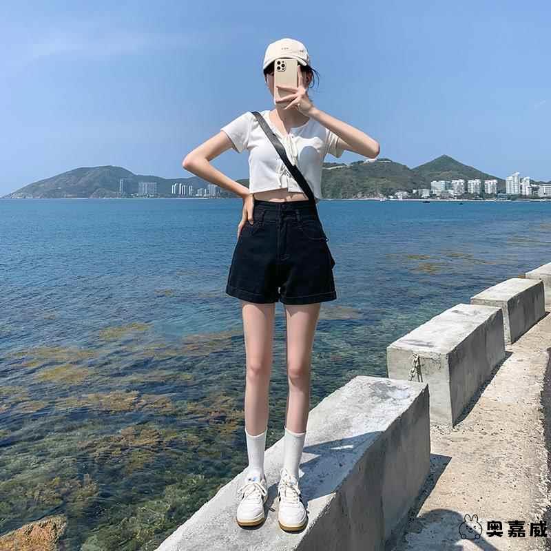 短裤女2025新款夏年季高腰牛仔黑色卷边宽松a字版外穿薄款粉色绿