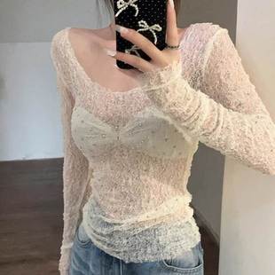 透明防晒罩衫 白色烫钻网纱长袖 修身 T恤女夏季 辣妹上衣 冰丝打底衫