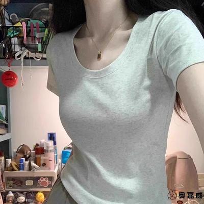 设计感小众正肩纯欲U领短袖T恤女夏季甜辣妹短款高腰修身显瘦上衣