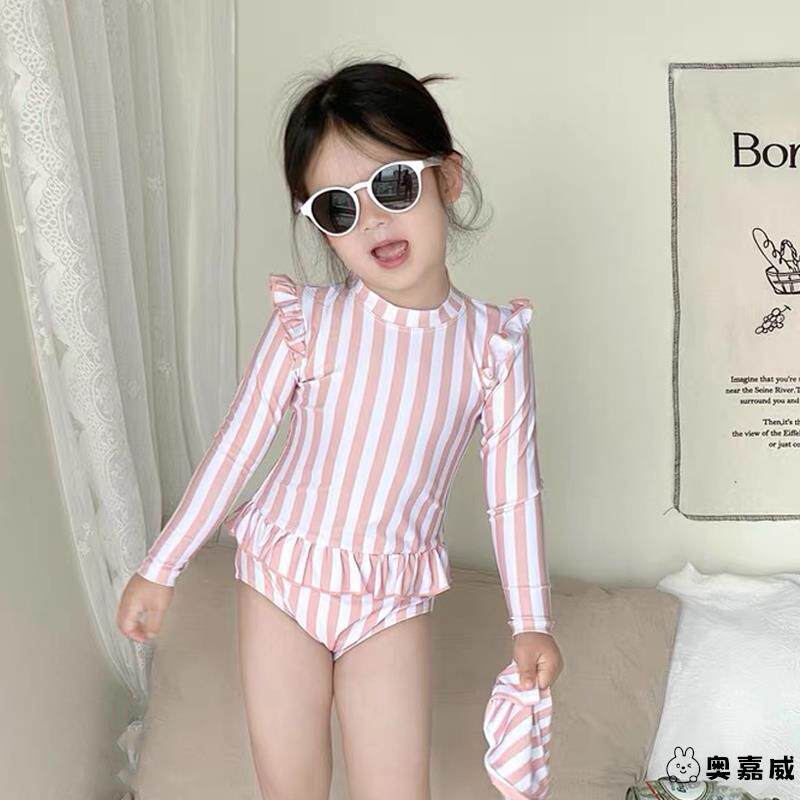 女童泳衣新款北欧风ins宝宝防晒长袖连体泳装沙滩温泉速干泳衣裤