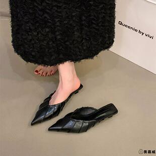 法式小猫跟细跟包头凉鞋女鞋子2025新款春秋季黑色高跟鞋尖头单鞋