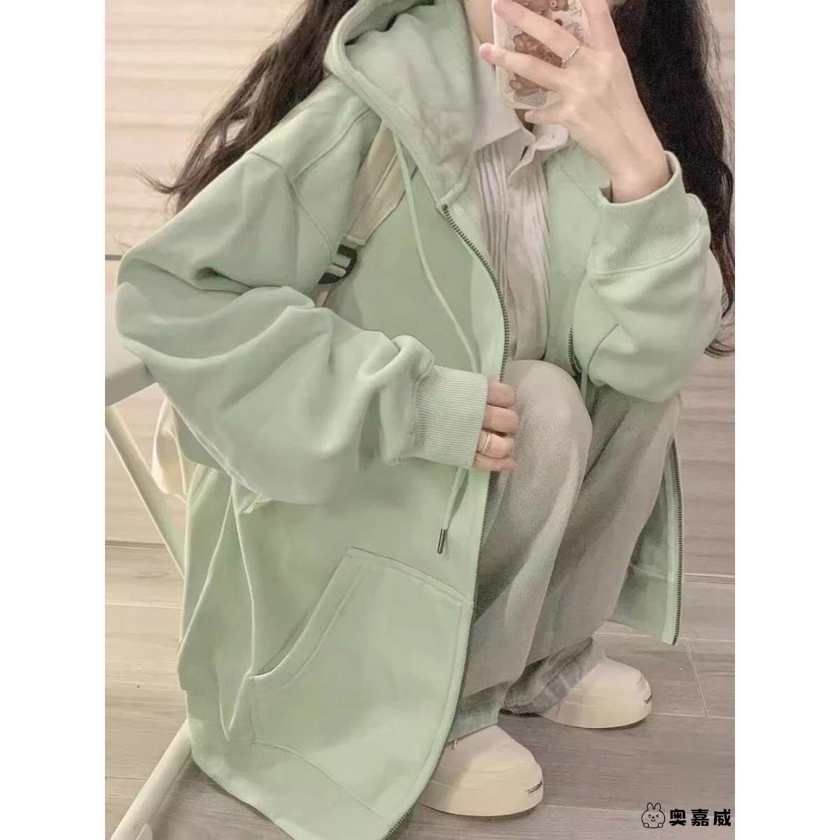 秋季休闲连帽卫衣女纯色薄款外套宽松慵懒风拉链开衫上衣休闲卫衣