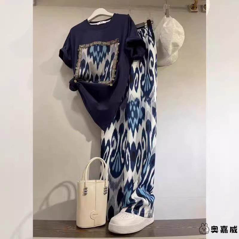 大码300斤胖妹妹休闲套装女秋季短袖T恤上衣阔腿裤运动减龄两件套
