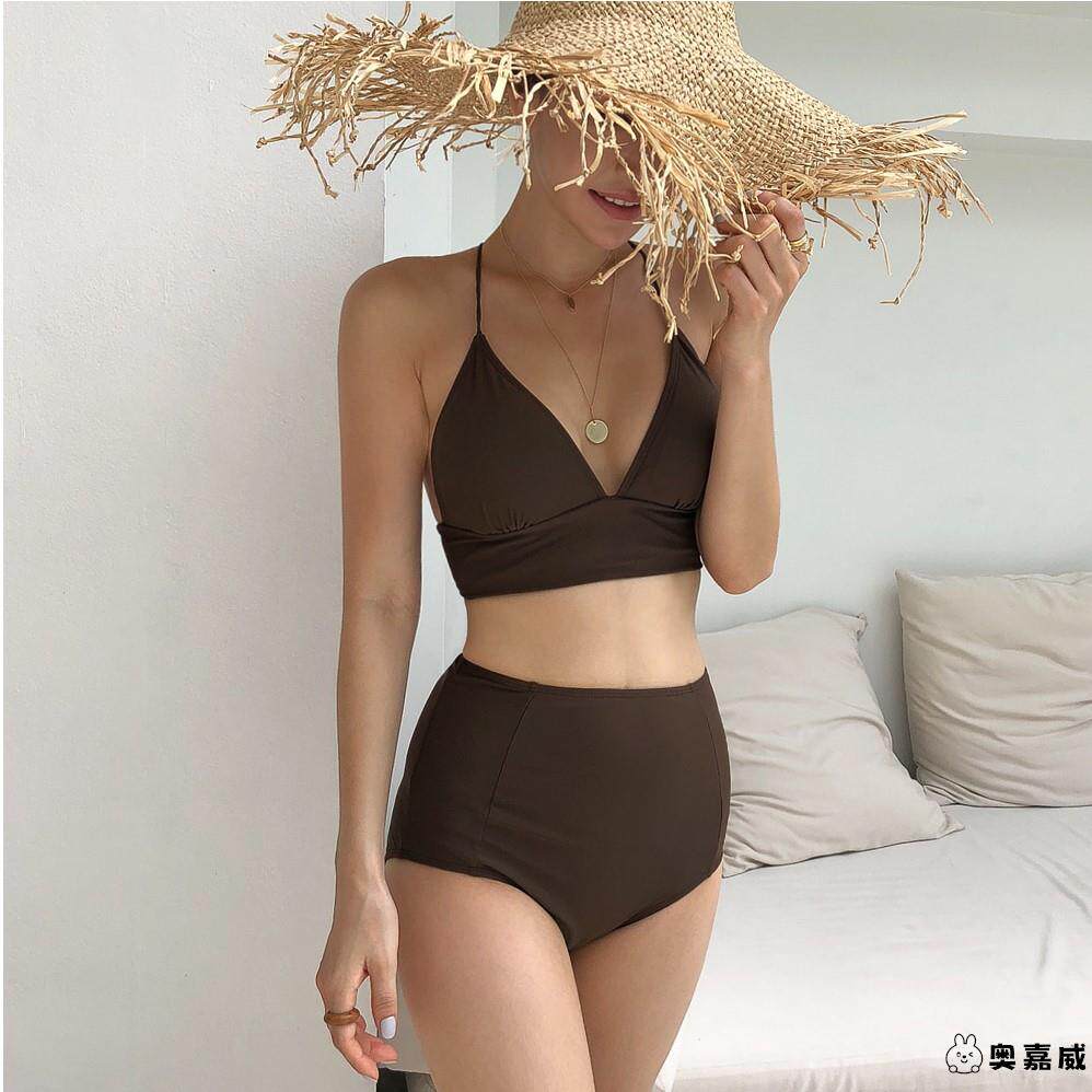 泳衣女2025咖色比基尼性感分体小平角大小胸显瘦遮肚ins温泉泳装