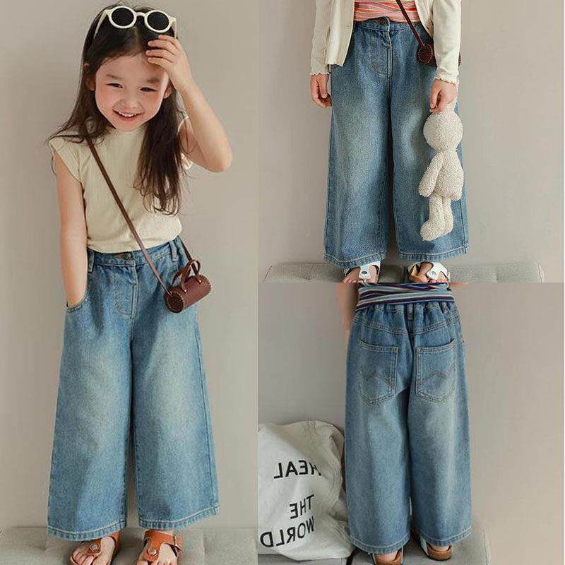 女童中腰宽松牛仔阔腿裤裤新款夏季韩版多口袋松紧腰直筒裤儿童裤