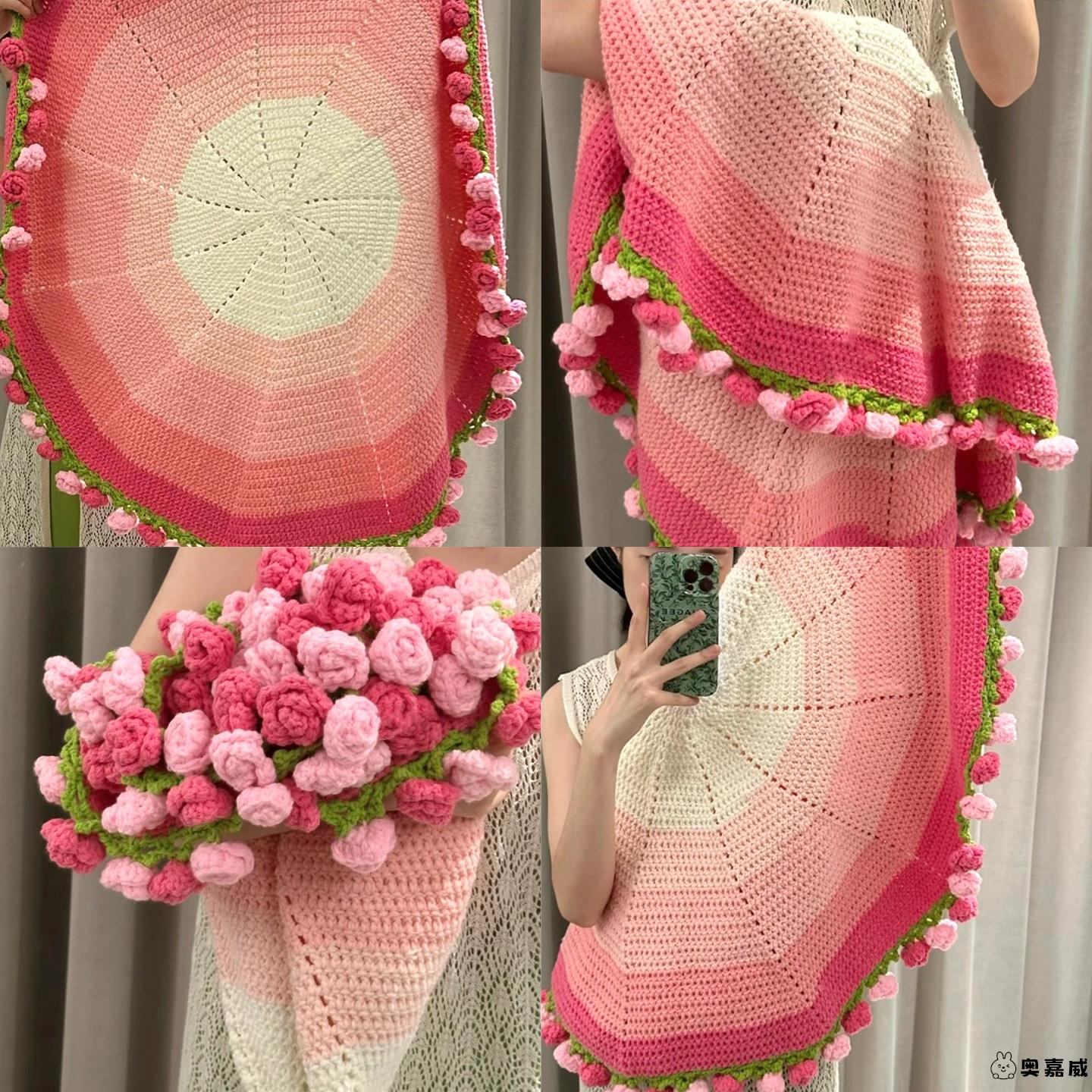 diy玫瑰花花束毯子手工编织手编