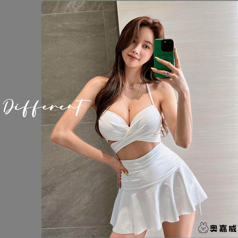 韩国泳衣女款比基尼性感bikini三件套裙式钢托小胸聚拢纯色泡温泉