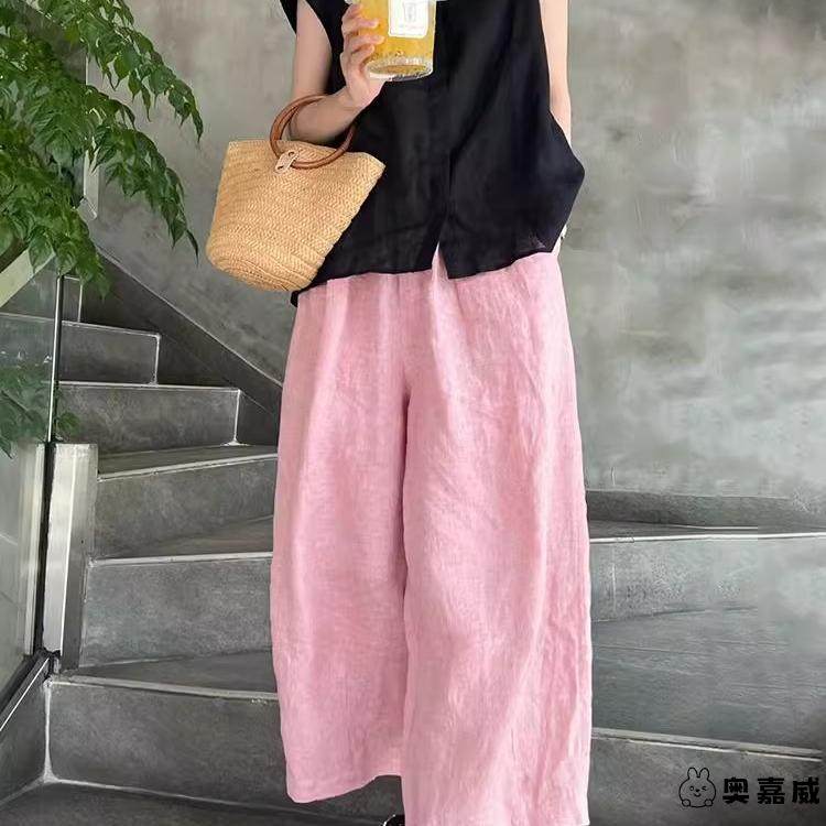 大码300斤胖妹妹薄款亚麻休闲裤子女秋季宽松高腰清凉阔腿九分裤2