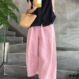 大码300斤胖妹妹薄款亚麻休闲裤子女秋季宽松高腰清凉阔腿九分裤2