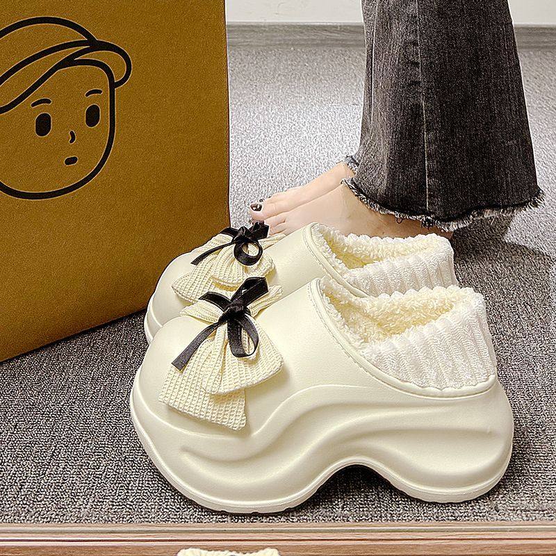 包跟棉拖鞋女士冬季室内外穿时尚蝴蝶结厚底高跟防水加绒保暖棉鞋