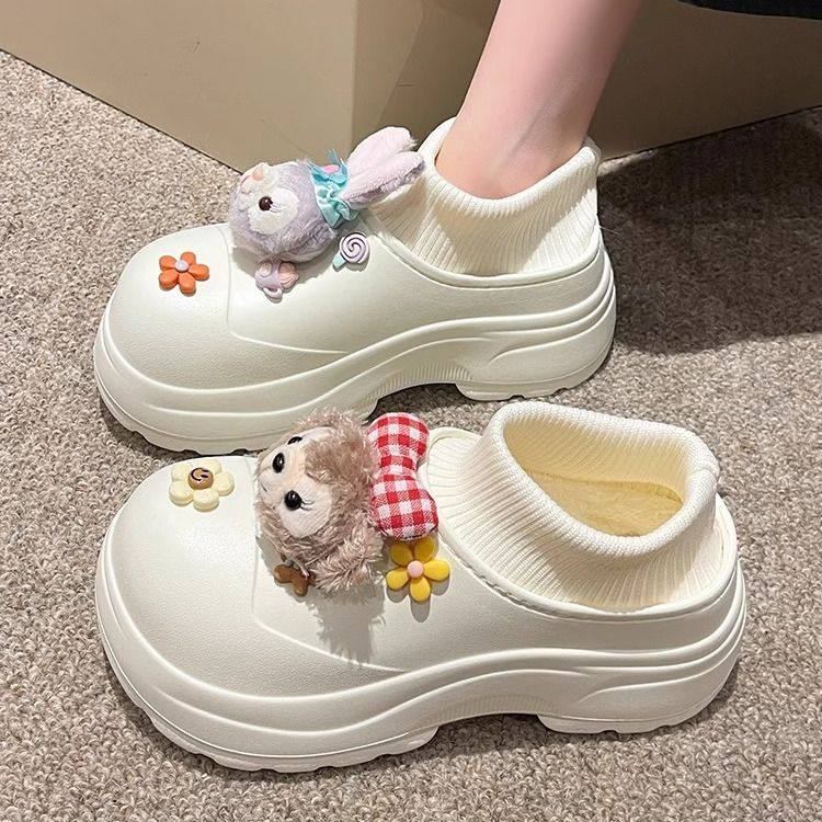 毛绒小兔棉鞋女冬季外穿2023新款加绒厚底包跟保暖防滑防水棉拖鞋