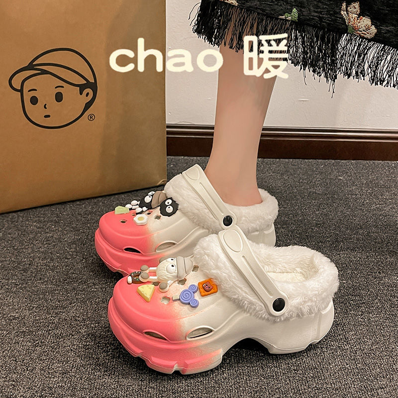 增高加绒保暖棉拖鞋女冬季外穿公主风办公室外出厚底洞洞鞋冬款
