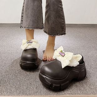 冬季 2025新款 厚底防水辣妹防滑 女可外穿棉鞋 蝴蝶结毛毛加绒棉拖鞋