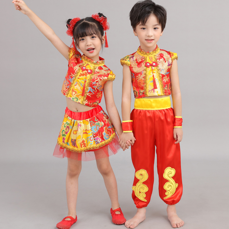 六一儿童演出服打鼓服说唱中国红喜庆风男女童幼儿园舞蹈表演服装