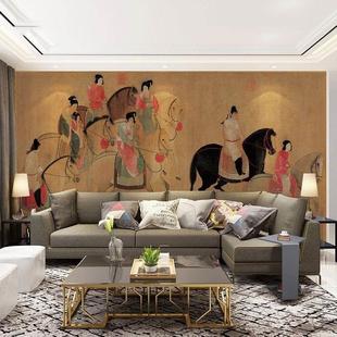 虢国夫人游春图墙纸唐代宫廷仕女壁纸中式餐厅茶楼民宿背景墙