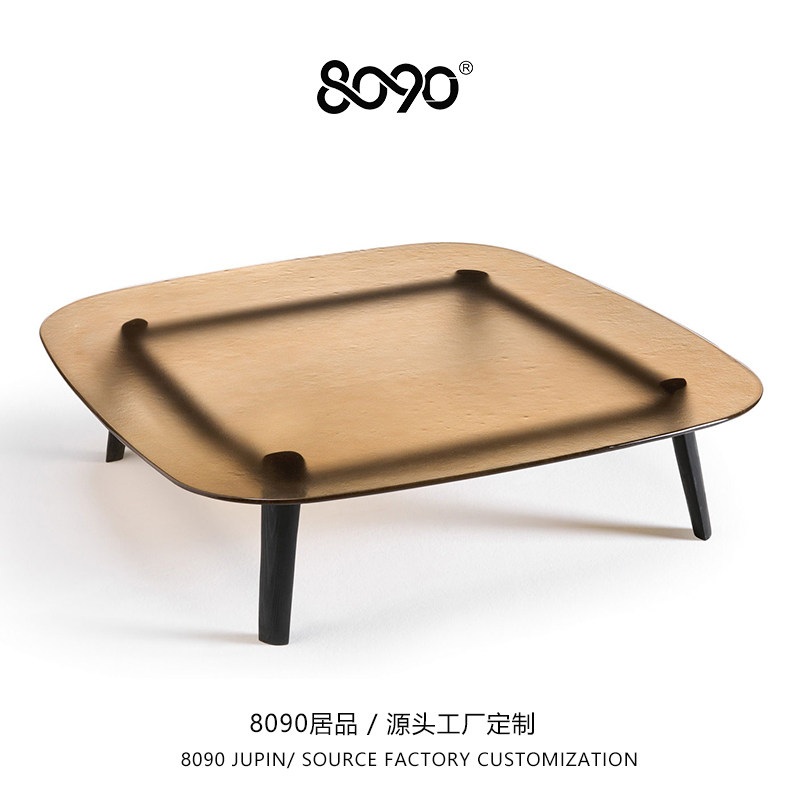 8090意式极简热熔钢化玻璃茶几方形实木腿客厅沙发茶几家具定制