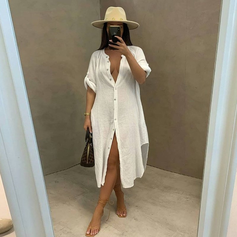 Smock Beach Dress衬衫连衣裙夏 外罩衫女装性感竹节衬休闲沙滩裙
