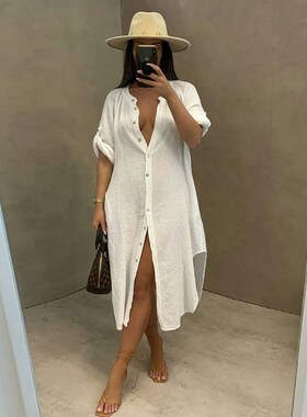 Smock Beach Dress衬衫连衣裙夏 外罩衫女装性感竹节衬休闲沙滩裙