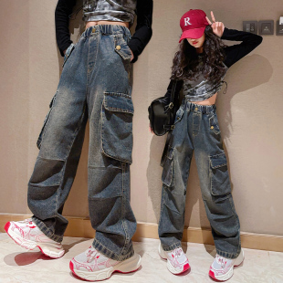 潮流新品 中大童簡(jiǎn)約小眾舒適拖地褲 冰絲女休閑工裝 長(zhǎng)褲 褲 女童時(shí)尚
